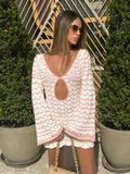 Getadme  Sexy Boho Striped Chic V-neck Cut Out Bell Sleeve Knit Beach Mini Dress 2025 Summer Women Seaside Holiday Swimsuit Cover Up K123