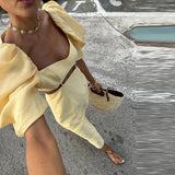 GETADME Womens Puff Sleeve Party Dress Ladies 2025 Hollow Waist High Street Summer Dress Elegant Solid Square Collar Holiday Long Dress
