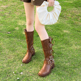 GETADME Brown Belt Bule Knee High  Boots Women's Spring Summer Retro Western Knight Faion Boots Waterproof Platform
