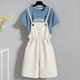 GETADME Summer Korean Fashion Striped T-shirt Overalls Set for Women Korean Leisure Joker Girls Student High Waist Shorts Clothing Sets