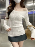 GETADME Casual Off shoulder Rib Knit Sweater Pull Women Long sleeve Top Basic Tees White Slim Pullovers Lady Sexy One Shoulder New