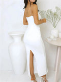 GETADME Sexy Women Long Dress Ruched Sleeveless Slim Solid Summer Party Back Split Dress Clubwear Female Vestido Outfits