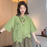 GETADME Women Y2K Streetwear Green Plaid Short Sleeve Shirt Cat Embroidery Asymmetrical Hem Frog Button Casual Loose Fit Couple Top 2026