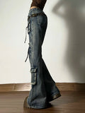 GETADME American Vintage Street Style Y2K Jeans Women's High-street Multi-pocket Cargo Flared Floor-grazing Jeans Casual Punk Long Pants