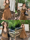 GETADME Korean style Ethnic Irgular Spaghettic Strap Fairy Boho Hippie Dress Women Tassel Mesh Stitching Spice Summer Beach Slim Dress