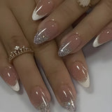 GETADME 24Pcs Metallic Cat Eye French Sheer Manicure Tip Art Textured 3D Acrylic False Nails Nude Pink Almond Medium Press on Fake Nails