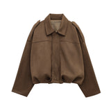 GETADME HH Women Brown Green Suede Jacket Loose Casual Bomber Coat Lapel Zipper Long Sleeve Jackets Vintage Lady Motorcycle Outwears
