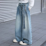 GETADME Korean Style Design Belt Jeans Men'S Casual Loose Retro Blue Straight Leg Pants High Street Wide Leg Pants
