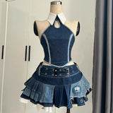 Getadme  Preppy Style Vintage Red Denim Bustier Tops + Sweet Spicy Pure Design Mini Cake Skirt Women 2 Piece Sets Summer 2025 Korea Style