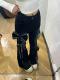 GETADME Retro Bow Lace Up Design Jeans Women's  Low Rise Slim Fit Bell Bottom 2000s Harajuku Y2k Spicy Girl Casual Flare Pants