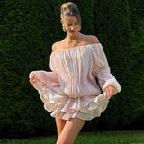 GETADME Ticketsx Summer Shiny One Shoulder Skinny Pleated Mini Dress Elegant Solid Ruched Long Sleeve Vestidos Lady Party Evening Dress