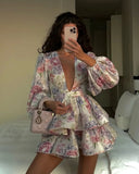 GETADME Fashion Print Ruffles Dress For Women V-neck Flare Sleeve Ball Gown Zipper Mini Dresses 2025 Summer Lady Elegant Party Vestidos
