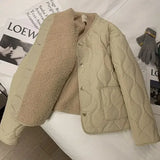 Getadme  Women cotton jacket khaki color lamb wool cotton jacket plush thickened round neck single breasted minimalist jacket
