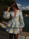 GETADME Fashion Print Ruffles Dress For Women V-neck Flare Sleeve Ball Gown Zipper Mini Dresses 2025 Summer Lady Elegant Party Vestidos