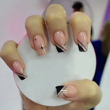 GETADME 24Pcs Short Square Coffin False Nails Square Fake Nails with Glue French Glitter Wearable Acrylic Nails Set Press on Nail Tips