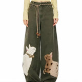 GETADME Womens Baggy Denim Shorts Vintage Washed Teddy Bear Print Wide Leg Mid Length Casual Streetwear Loose Jean Culottes for Women