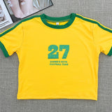GETADME 2025 Retro Street Aesthetic Baby T-shirt Women Green Brazil Letters Print Crop Tops Casual Slim Short Sleeve Y2k Clothes E-girls