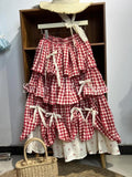 GETADME Korean Sweet Fit Chic Plaid Patchwork Skirt Women New Fashion Vintage Bow Print Fluffy Skirts Harajuku Y2k Lovely Clothes Spring