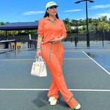 GETADME Active Wear Knitted Casual Tracksuit for Women Two Piece Set Sporty Fitness Striped Sweater Top and Wide Leg Pants Jogging Femme