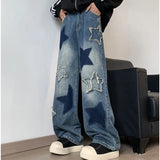 GETADME  Jeans Men Straight Star Embroidery Patchwork Autumn jeans uomo Wide Leg Hip-hop Fashion Youth Neutral Streetwear Denim Trousers