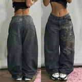 GETADME American New Fashion Geometric Pattern Embroidered Baggy Jeans Women Y2K Harajuku Vintage Hip-hop Popular Casual Wide-leg Pants