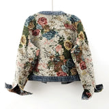 GETADME Chinese retro jacquard long-sleeved round neck denim jacket women's spring new fashion temperament short Joker little jacket.