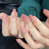 GETADME 24Pcs Short Oval Head Blush Pink Press on Nails with Simple Designs Almond Nails Wearable Acrylic Full Cover Nail Tips with Glue