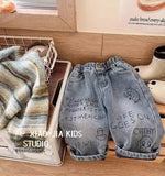 GETADME 2025 Spring Autumn Kid Boys Denim Pants Side Pocket Polished White Children Boys Pants Elastic Waist Casual Baby Boys Trousers