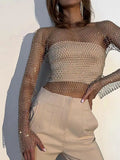 Débardeur court sexy en résille transparente à strass brillants et découpes, manches longues, idéal pour la plage, les soirées et les clubs.