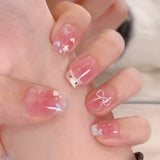 GETADME 24Pcs Pink Cat Blue Love Cute Short Ballet Press on False Nails Sweet French Cat Eye Bow Star Designs Style Detachable Nails Set