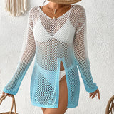GETADME Sexy Fashion Long Sleeve V Neck Gradient  Hollow Out Ladies Split Pullover Mini Women Bodycon Summer Sundress Swimwear 2025