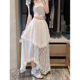White Lace Asymmetrical Skirt Women Fairycore Sweet Vintage Mid Irregular Skirt Korean Style Aesthetic Ruffle Skirts