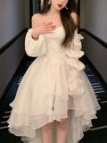 Getadme Elegant Ruffles Chic Fairy Dress Women White Sweet Korean Style Princess Dress Female Summer Slash Neck Casual Party Dress