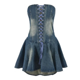 GETADME Classic Denim Lace Up Strapless Zip Up Backless Dress Women Summer Sleeveless Sexy Night Club Skinny Pleated A-line Dresses