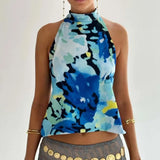 GETADME Combhasaki Women's Y2K Button Closure Halter Neck Crop Tops Sleeveless Backless Aesthetic Dots/Tie-dye Flower Print Summer Vests