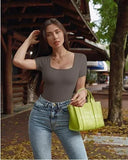 GETADME 여름 섹시 반팔 리브 스퀘어넥 통 바디수트 원피스 스퀘어 바디수트 복부 관리 바디 셰이퍼 배