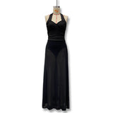 GETADME Elegant Women's Clothing Halter Low Cut Mesh Patchwork Sleeveless Backless Tight Long Dresses Folds High Waist Club Vestidos