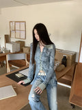 GETADME Autumn Korean Tie Dye Shirts Long Sleeve Coquette Gyaru Blouses Tide 2000s Aesthetic Design Chic Grunge Y2k Streetwear Harajuku