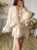 GETADME TWOTWINSTYLE Solid Blouse Mini Dresses For Women V Neck Long Sleeve Spliced Lace Up Sweet Style Dress Female Clothing Fashion