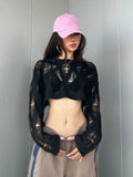 Getadme- Sexy Streetwear Crop Black T Shirts Women Y2k Hollow Knitted Cropped Mesh Top Female Goth 2000s Shirts Kpop Chic Tees