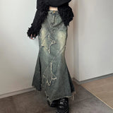 GETADME SUCHCUTE Y2k Patchwork Denim Long Skirt Women Retro Slim Ripped Mid-Waisted Mermaid Hem Skirts Fashion Tassel Irregular Skirt