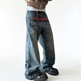 GETADME Korean Version Retro Letter Printed Jeans For Men Loose Straight Leg Wide Leg Pants High Street Hip-Hop Design Casual Pants