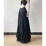 GETADME MEXZT Y2K Lace Mesh Long Skirt Women Harajuku Vintage Patchwork Bandage Black Skirts Gothic Aesthetic High Waist Chic Faldas New