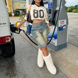 GETADME Denim Pant Women Short Jeans Shorts Pants Slim Mom Jeans High Waist Straight Trousers Y2k Streetwear Splice Pockets Casual Punk