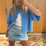 GETADME Lamuusaa y2k Sweaters 2000s Clothes Solid Color Round Neck Single Breasted Short Sleeve Cardigan Tops for Women Streetwear