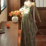 GETADME 2025 New Vintage Elegant French Floral Print V-neck Strapless Midi Dress Retro Women's Sweet Summer Vacation Style Long Dresses