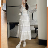 Sweet Cute White Cake Skirt for Women Korean Style Spring Summer 2024 Elastic High Waist A-Line Girls Lace Embroidery Long Skirt