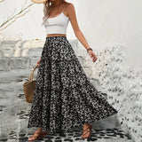GETADME Women High Waist Floral Print A-Line Three Tiered Maxi Skirt Long Ruffle Trim Boho Summer Vacation Holiday Skirt Vestidos