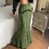 GETADME Lace Stitching Skirts For Women Vintage Floral Printing Green Elegant Evening Party High Elastic Waist Mermaid Skirts Fall 2025