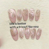 GETADME 10Pcs Nude Pink Press on Nail Gold Stripe Bow Design Stick-on Nail Set Reusable Short Almond 3D Flora White French Acrylic Nails